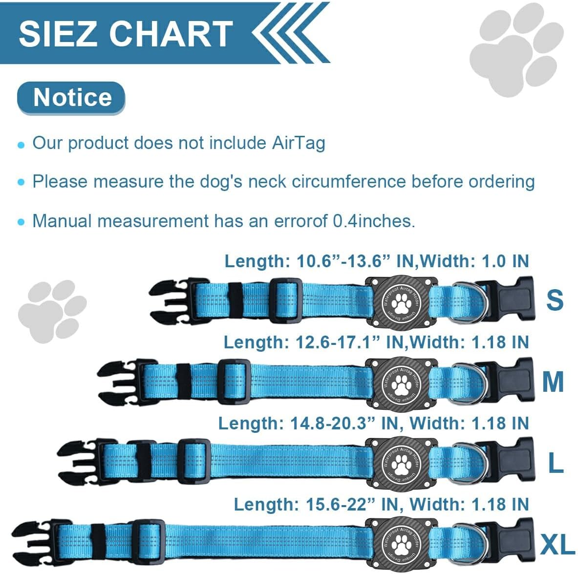 Airtag Dog Collar, Waterproof Air Tag Holder Dog Collar, Luminous & Reflective, Comfortable Padded, Adjustable Pet Collar for Small Medium Large Heavy Duty Dogs,Blue, XL