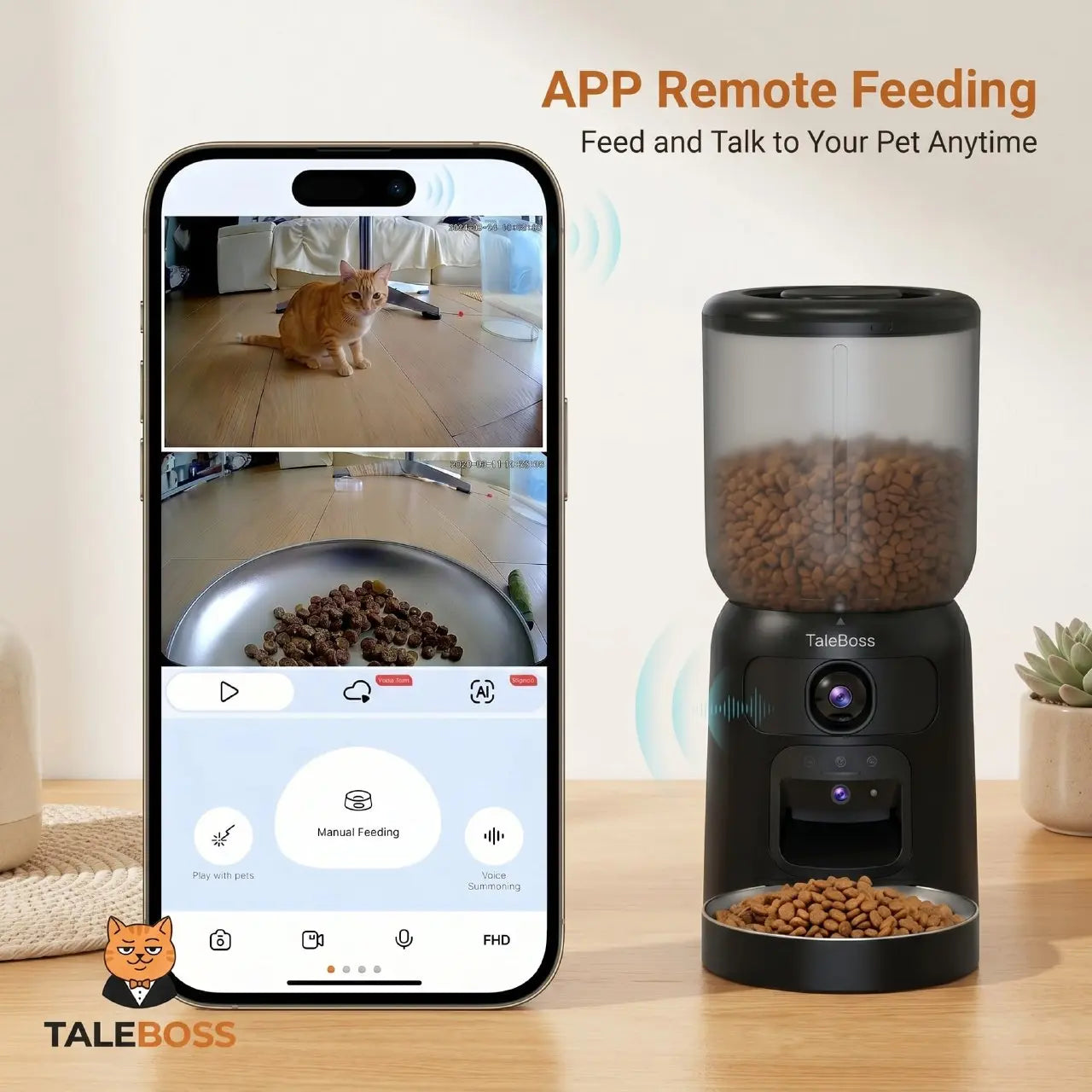 Taleboss 5L Wifi Automatic Cat Feeder with Dual Cameras, Timed Dry Food Dispenser, 10 Meals Daily, 1-15 Portions per Meal & Stainless Steel Bowl