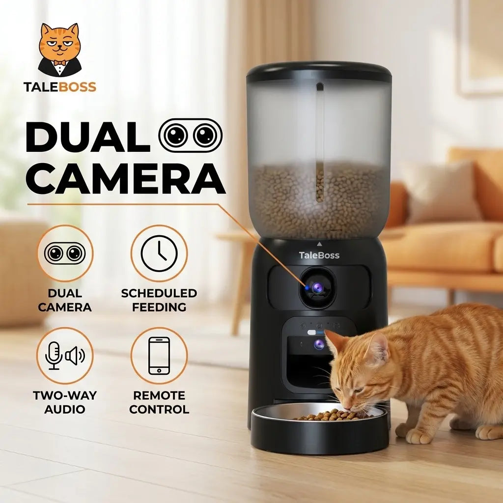 Taleboss 5L Wifi Automatic Cat Feeder with Dual Cameras, Timed Dry Food Dispenser, 10 Meals Daily, 1-15 Portions per Meal & Stainless Steel Bowl