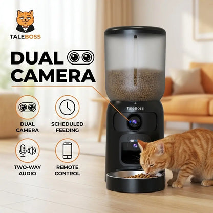 Taleboss 5L Wifi Automatic Cat Feeder with Dual Cameras, Timed Dry Food Dispenser, 10 Meals Daily, 1-15 Portions per Meal & Stainless Steel Bowl