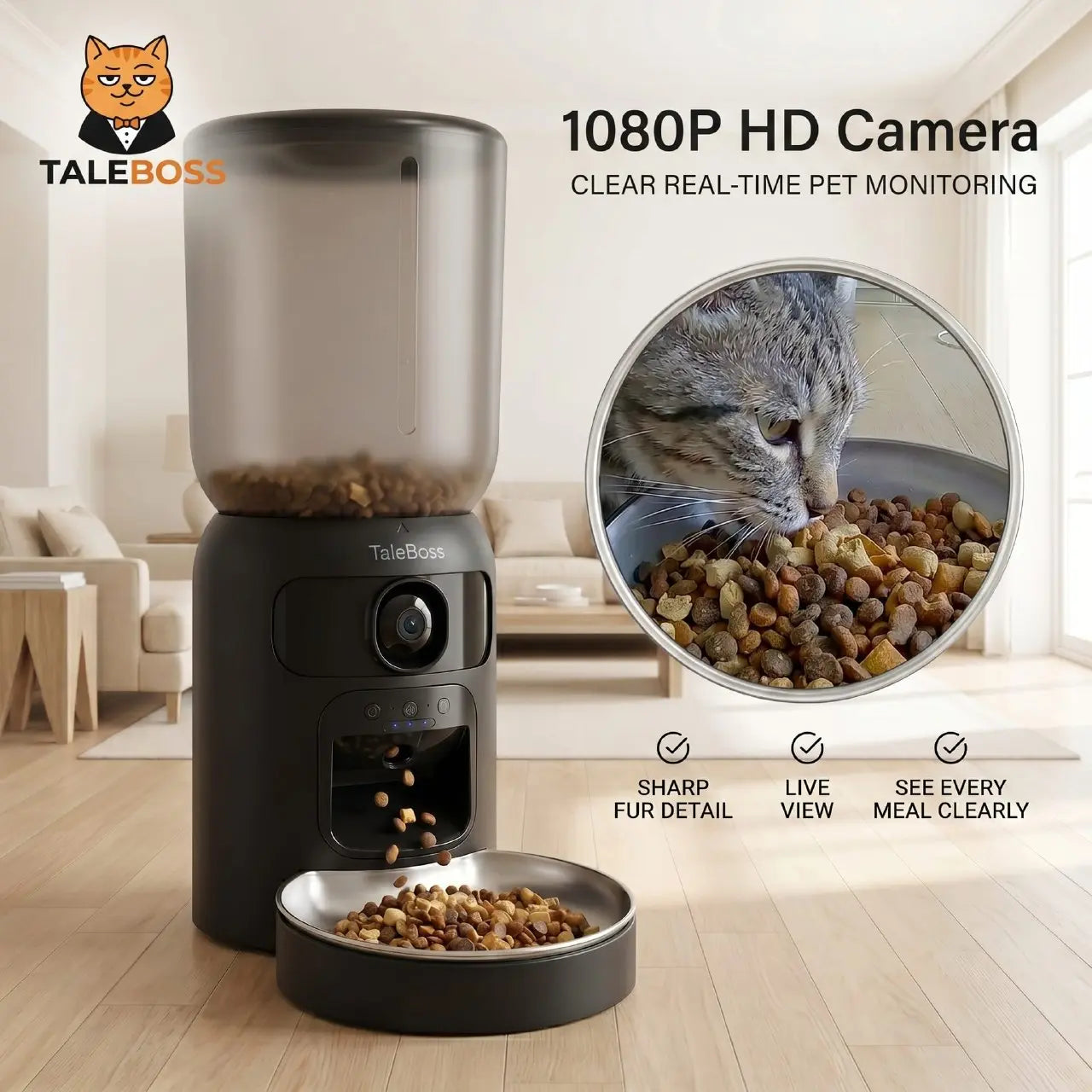 Taleboss 5L Wifi Automatic Cat Feeder with Dual Cameras, Timed Dry Food Dispenser, 10 Meals Daily, 1-15 Portions per Meal & Stainless Steel Bowl