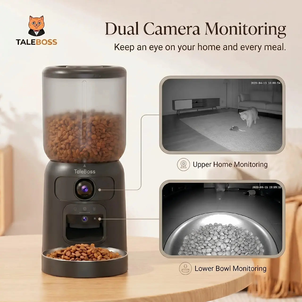 Taleboss 5L Wifi Automatic Cat Feeder with Dual Cameras, Timed Dry Food Dispenser, 10 Meals Daily, 1-15 Portions per Meal & Stainless Steel Bowl