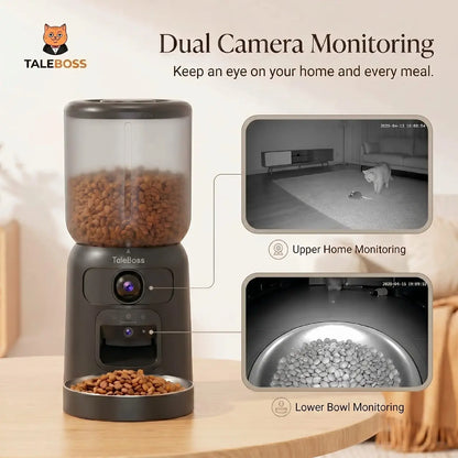 Taleboss 5L Wifi Automatic Cat Feeder with Dual Cameras, Timed Dry Food Dispenser, 10 Meals Daily, 1-15 Portions per Meal & Stainless Steel Bowl