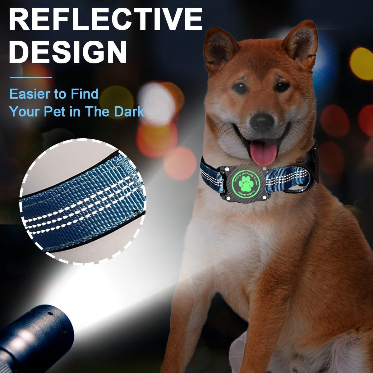 Airtag Dog Collar, Waterproof Air Tag Holder Dog Collar, Luminous & Reflective, Comfortable Padded, Adjustable Pet Collar for Small Medium Large Heavy Duty Dogs,Blue, XL