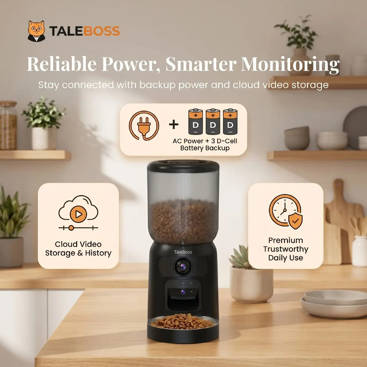Taleboss 5L Wifi Automatic Cat Feeder with Dual Cameras, Timed Dry Food Dispenser, 10 Meals Daily, 1-15 Portions per Meal & Stainless Steel Bowl