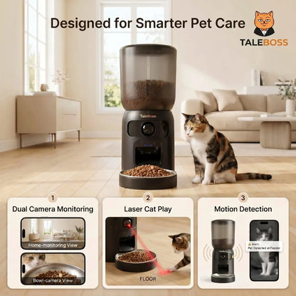 Taleboss 5L Wifi Automatic Cat Feeder with Dual Cameras, Timed Dry Food Dispenser, 10 Meals Daily, 1-15 Portions per Meal & Stainless Steel Bowl