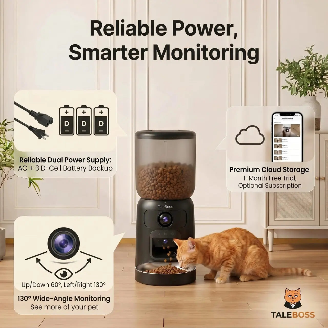 Taleboss 5L Wifi Automatic Cat Feeder with Dual Cameras, Timed Dry Food Dispenser, 10 Meals Daily, 1-15 Portions per Meal & Stainless Steel Bowl