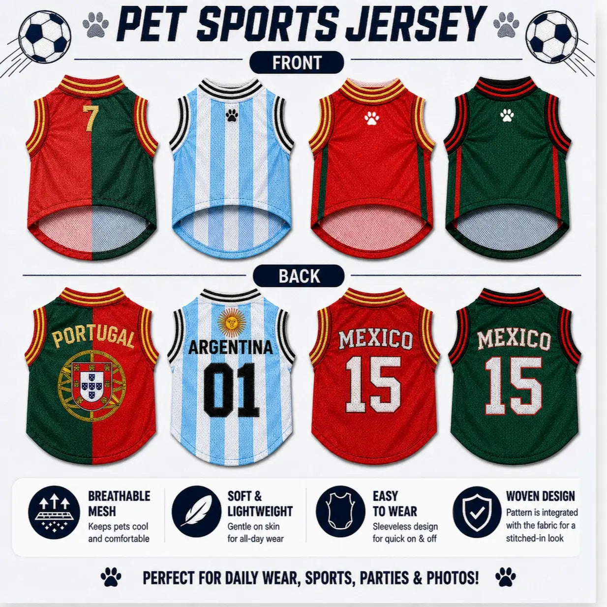Pet Sports Jersey Shirt for Dogs and Cats, Lightweight Breathable Sleeveless Mesh Puppy Vest, Cute Soccer Style Pet Outfit for Small Medium Pets, Parties, Photos, Walks and Game Day